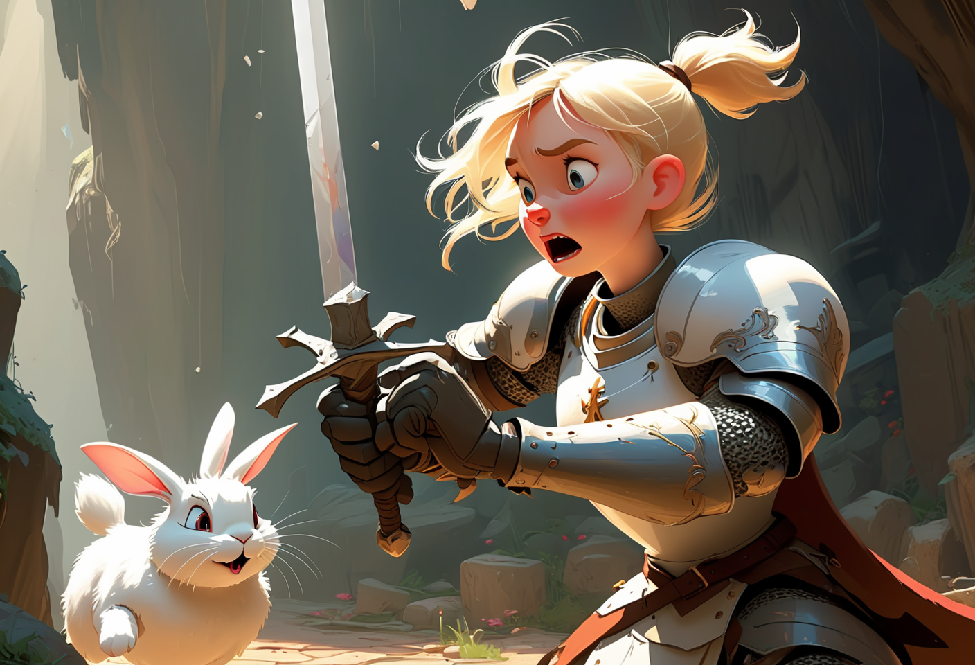 00067-3741124858-Pixar Style. Closeup of a playful and chaotic scene of a blonde knight fighting a white rabbit. _BREAK_The blonde knight, adorne.png